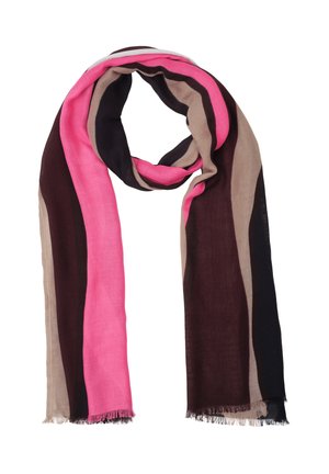 Longue écharpe rectangulaire à rayures verticales roses, noires, marron foncé et beige, présentée en boucle lâche sur fond blanc.
