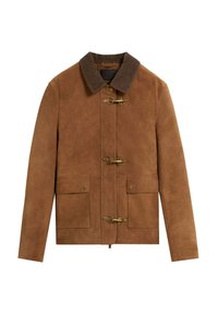 Chaqueta de ante marrón con cuello de pana marrón, cierres de toggle, dos bolsillos frontales y un diseño minimalista.