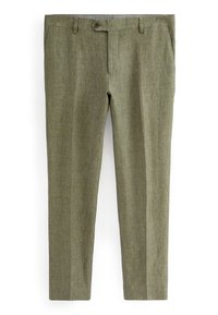 Olive green trousers made from textured fabric, featuring a straight leg design, front pockets, and a single button closure.