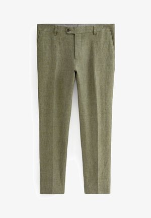 Olive green trousers made from textured fabric, featuring a straight leg design, front pockets, and a single button closure.