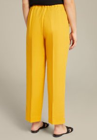 Pantaloni gialli a gamba larga con finitura testurizzata e vita elastica, abbinati a sandali neri. Vista posteriore.