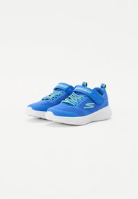 Blue athletic shoes with a mesh upper, white rubber sole, green accents, and elastic laces. Features a padded collar and heel loop.