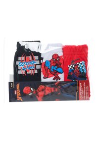 Set van drie onderbroeken voor kinderen met Spider-Man ontwerpen. Kleuren zijn zwart, wit en rood met verschillende patronen en prints.