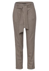 Pantaloni a quadri in marrone e beige, con vita regolabile e una vestibilità tagliata e affusolata. Realizzati in morbido tessuto testurizzato.
