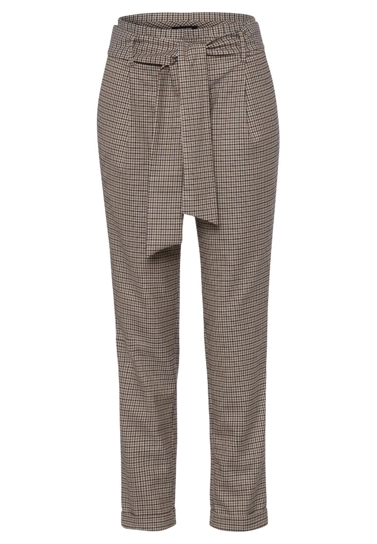 Pantaloni a quadri in marrone e beige, con vita regolabile e una vestibilità tagliata e affusolata. Realizzati in morbido tessuto testurizzato.