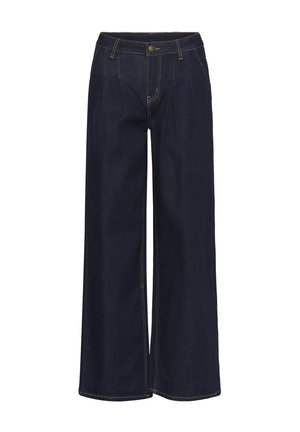 Tumedad sinised laiad teksapüksid esifaldikute, vööde aukude ja messingi nupuga sulgemisega.