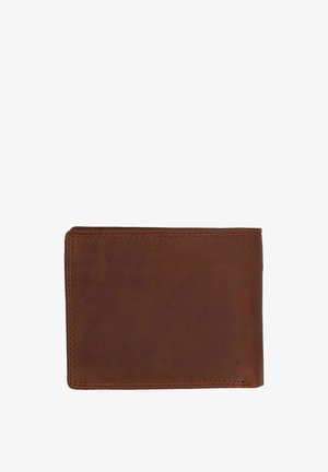Bruin leren bifold portemonnee met zichtbare stiksels langs de randen, gesloten en liggend op een witte achtergrond.