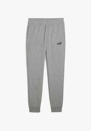Pantaloni da jogging grigi in cotone con vita elastica, polsini alla caviglia, tasche laterali e logo Puma nero sulla gamba sinistra.