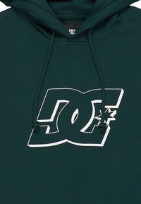 Zielona bluza z kapturem z bawełny, z dużym białym logo DC z przodu, sznurkami ściągającymi oraz klasycznym fasonem do zakupu przez głowę.