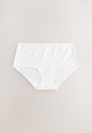 Biele bavlnené nohavičky s vysokým pásom. Majú jemnú čipkovú bordúru a malý mašličkový detail vpredu. Hladká štruktúra a jednoduchý dizajn.
