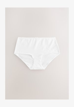 Białe bawełniane majtki z wysokim stanem. Charakteryzują się delikatną koronkową lamówką i małą kokardką z przodu. Gładka tekstura i prosty design.