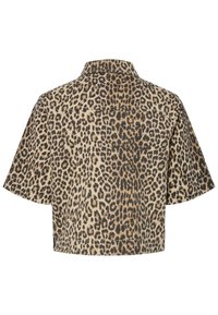 Camisa de manga curta com padrão de leopardo e gola. O tecido apresenta uma mistura de tons de bege e preto, criando um padrão texturizado e em camadas.