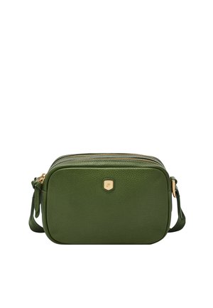 Sac bandoulière en cuir vert avec deux fermetures éclair dorées, sangle réglable et petit emblème doré en forme de bouclier au centre devant.