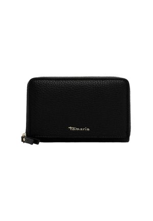Black leather zip wallet with textured surface, gold logo detail, rectangular shape, and a wrist strap for carrying convenience.