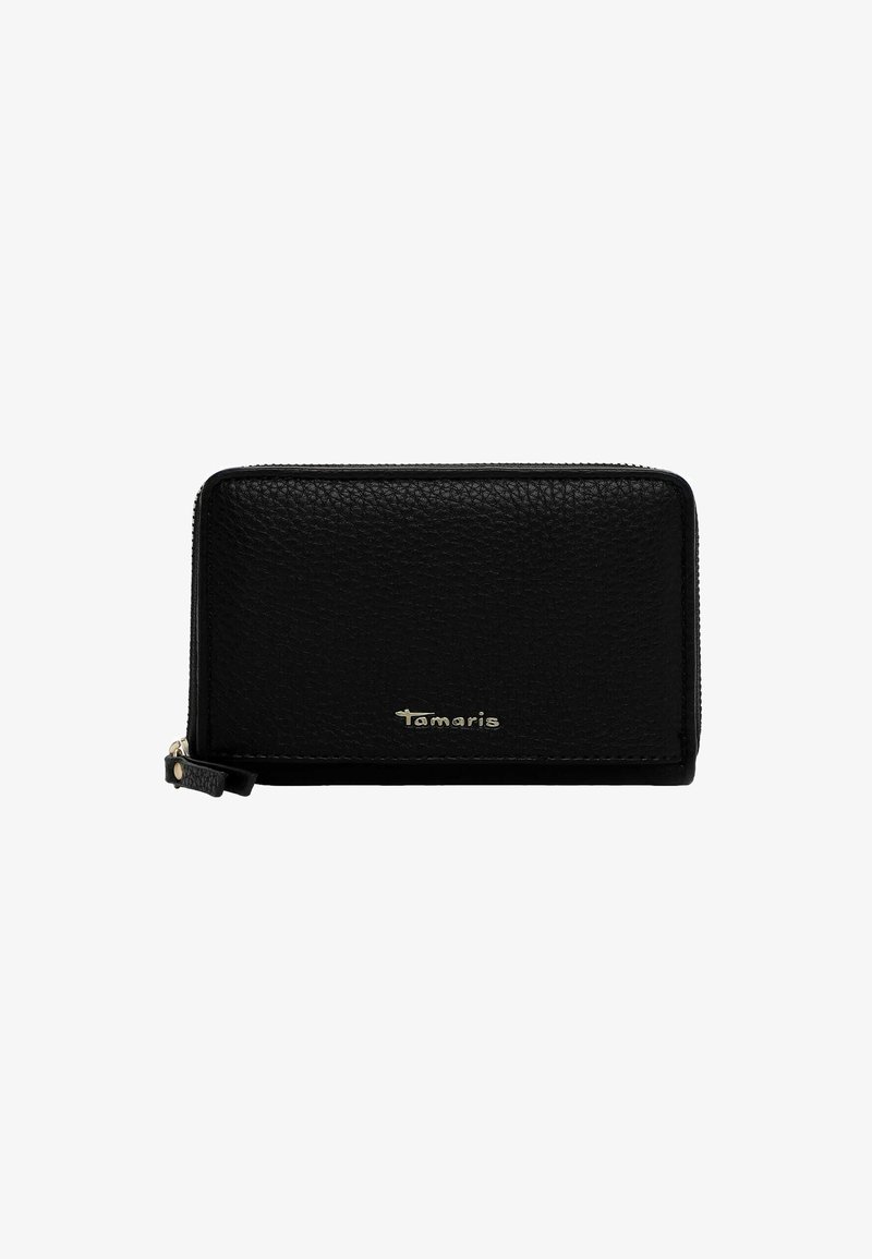 Portefeuille zippé en cuir noir avec surface texturée, détail du logo doré, forme rectangulaire et une sangle pour le poignet pour plus de commodité.
