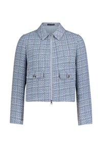Veste courte en tweed bleu clair avec manches longues, fermeture éclair sur le devant, col et deux poches poitrine à rabat avec boutons.
