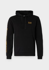 Black cotton hoodie with a front pouch pocket, adjustable drawstring hood, and EA7 logo in yellow on the chest and sleeve.