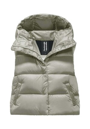 Gilet imbottito grigio chiaro senza maniche con collo alto, tasche frontali ed etichetta del marchio BoomBoogie all'interno dell'area del collo.