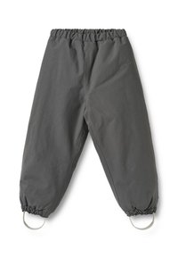 Gray waterproof pants with an elastic waistband, gathered cuffs, and loops at the bottom. Made from a smooth, durable material.
