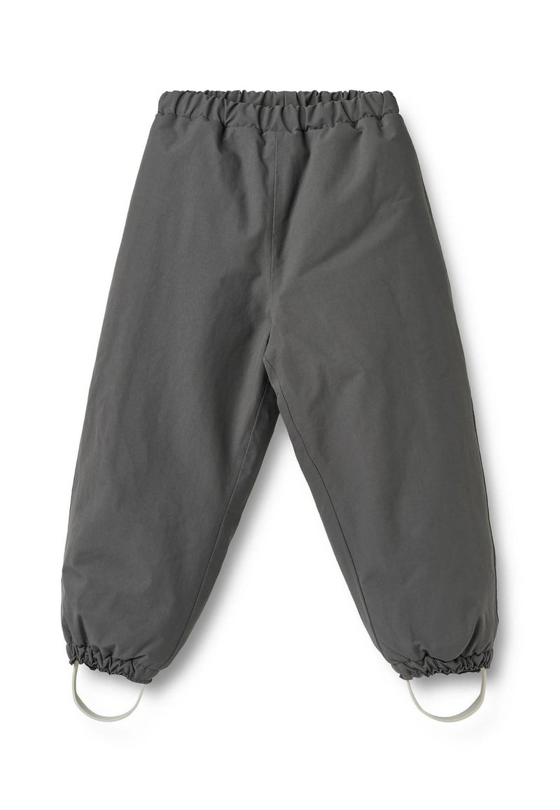 Harmaat vedenpitävät housut, joissa on joustava vyötärönauha, kerätyt resorit ja lenkit lahkeensuissa. Valmistettu sileästä, kestävästä materiaalista.