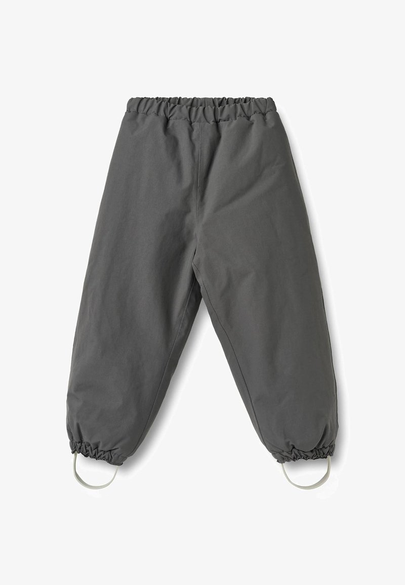 Sive vodootporne hlače s elastičnim pojasom, skupljenim manžetama i petljama na dnu. Izrađene od glatkog, izdržljivog materijala.