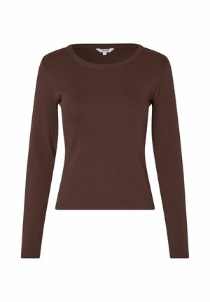 Long-sleeve, fitted top in dark brown ribbed fabric, featuring a crew neckline and smooth texture. No visible branding or patterns.