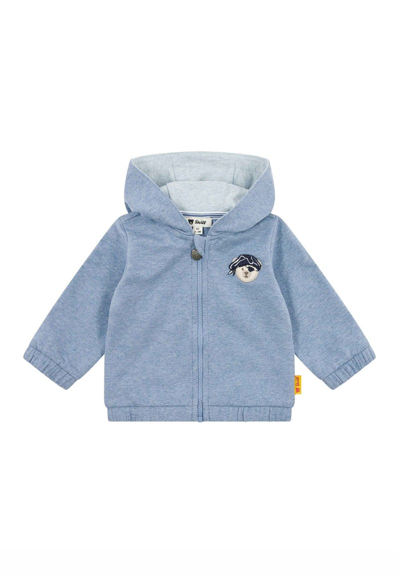 Sudadera azul con cremallera hecha de tejido suave, con un aplique de oso, bolsillos tipo canguro y puños acanalados para un ajuste ceñido.