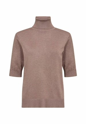 Sveter s krátkym rukávom a vysokým golierom z jemného svetlohnedého pletenia. Hladká textúra s rebrovanými okrajmi na golieri a rukávoch. Jednoduchý dizajn.