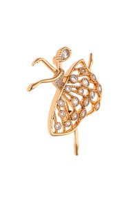 Kultainen balettitansijan rintaneula, jossa on selkeillä rhinestone-kivillä koristeltu mekko, monimutkainen yksityiskohtaisuus ja dynaaminen asento.