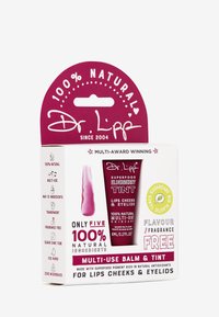 Fleranvändningsbalsam och tint i en mörk rosa tub med vit text. Förpackningen har en rundad topp, ljusrosa accenter och miljövänliga ikoner.