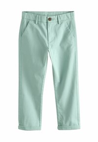 Pantalones de algodón verde menta claros, con cierre de botón, bolsillos delanteros y bajos enrollados para un estilo cropped.