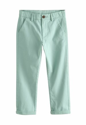 Pantaloni di cotone verde menta chiaro, con chiusura a bottone, tasche frontali e orli arrotolati per uno stile corto.