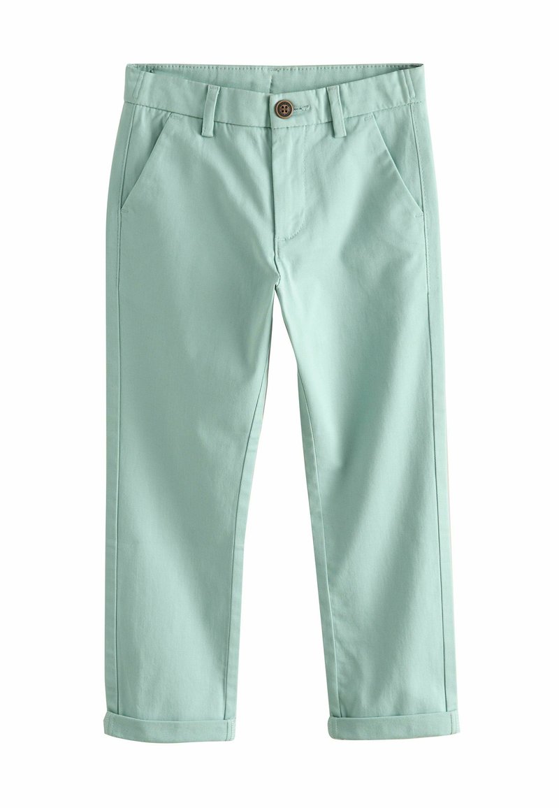 Pantalones de algodón verde menta claros, con cierre de botón, bolsillos delanteros y bajos enrollados para un estilo cropped.