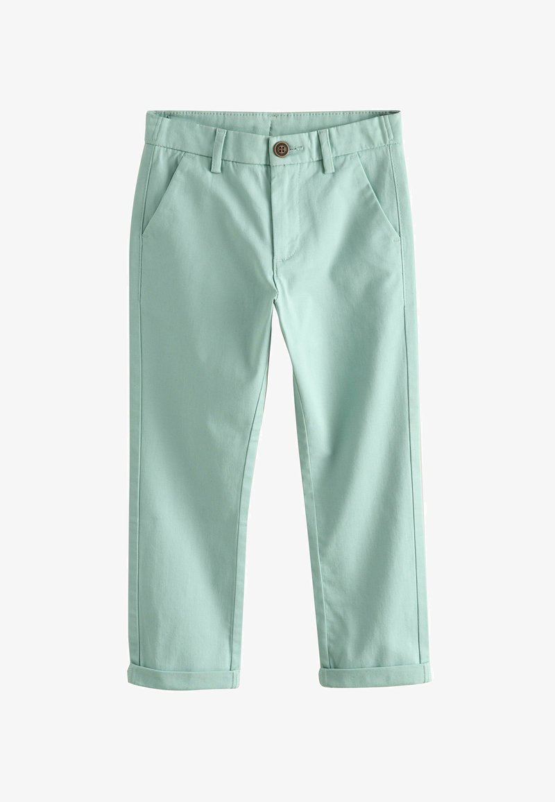 Light green straight-leg pants with button and belt loops, featuring front pockets and cuffed hems.