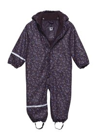 Voděodolný zateplený overal tmavě fialové barvy s květinovým vzorem. Má elastické manžety, přední zip a reflexní prvky na rukávech.