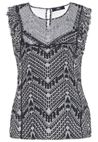Blouse sans manches noire et blanche avec des motifs géométriques en zigzag et des détails volantés aux épaules et à l'encolure.