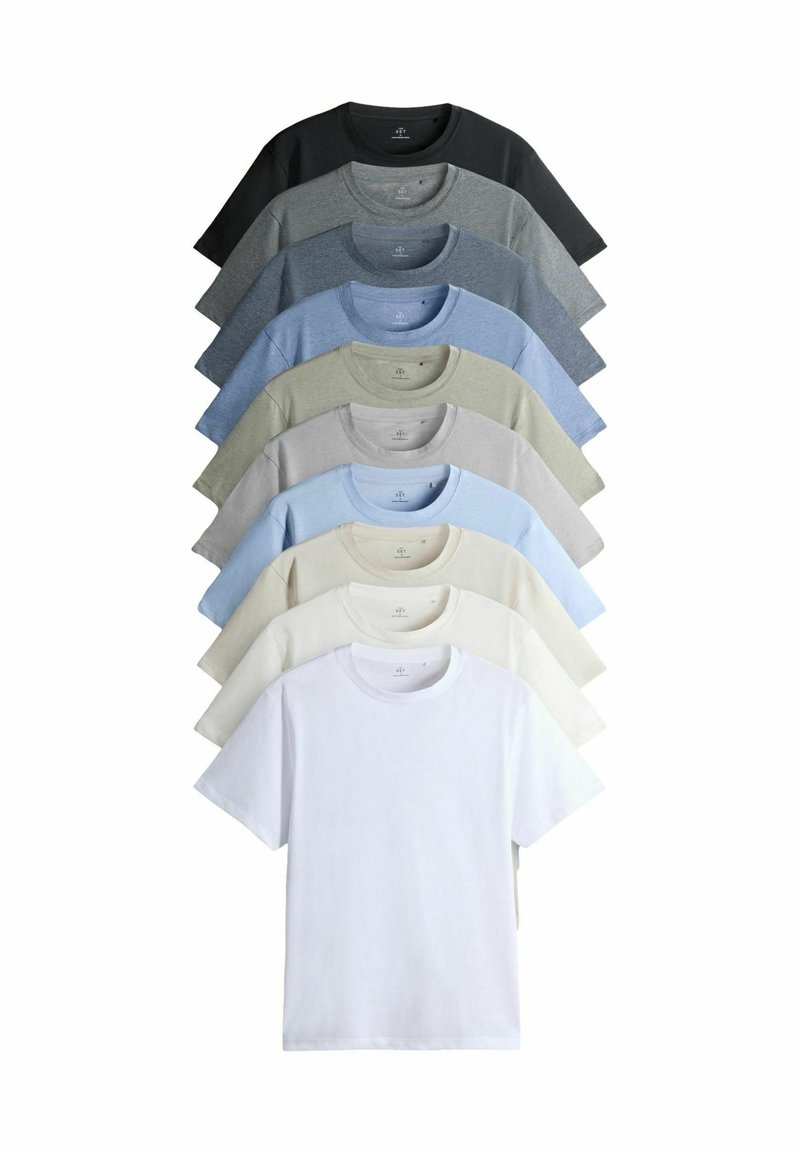 Desať bavlnených tričiek v rôznych odtieňoch: čierna, šedá, svetlo šedá, modrá, zelená, krémová a biela. Krátke rukávy a okrúhle výstrihy.
