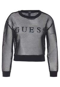 Czarna siateczkowa bluza z długimi rękawami, okrągłym dekoltem i logo "GUESS" w wyraźnej czcionce. Posiada ściągacze przy mankietach i u dołu.