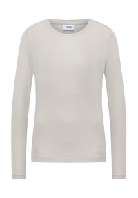 Maglietta a maniche lunghe di colore grigio chiaro realizzata in un tessuto liscio e texture. Presenta un collo tondo e una silhouette semplice e pulita. Etichetta del marchio visibile.