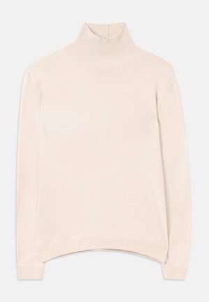 Light pink long-sleeve turtleneck sweater with a ribbed collar and hem, featuring a relaxed fit and soft, smooth texture.