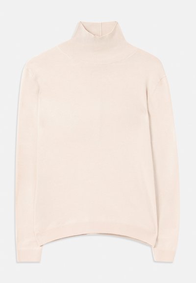 Pulover cu guler înalt și mânecă lungă, de culoare roz deschis, cu o margine și guler texturate, având o croială lejeră și o textură moale și fină.