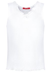 Weißes ärmelloses Top aus Strickstoff, mit einem dezenten Blumenmuster, gewelltem Saum und rundem Ausschnitt mit einer dekorativen Schleife.