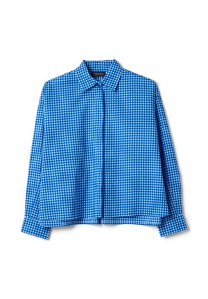 Chemise à manches longues à carreaux bleus et blancs avec col, boutonnée, posée à plat sur un fond blanc.