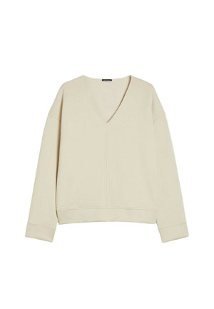 Felpa beige con scollo a V, maniche lunghe, vestibilità rilassata, polsini a costine e dettagli con cuciture sul davanti. Tessuto dalla consistenza morbida.