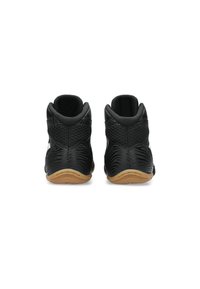 Zwarte sportieve schoenen met textuurpanelen, een hoge designe en een zool van gumrubber. Kenmerkt een subtiel zigzagpatroon aan de zijkanten.