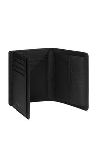 Portafoglio in pelle nera con finitura testurizzata, dotato di molteplici slot per carte e un design aperto che mette in mostra le tasche interne.