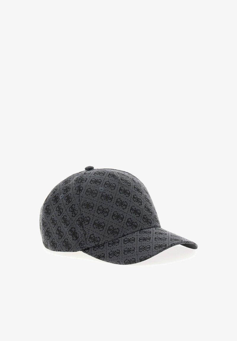 Donkergrijze baseballpet met zwart herhalend in elkaar grijpende logopatroon die de hele stof bedekt.