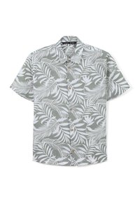 Camicia a maniche corte in tessuto grigio chiaro con un motivo a foglie bianche, dotata di bottoni marroni e design con colletto da campeggio.