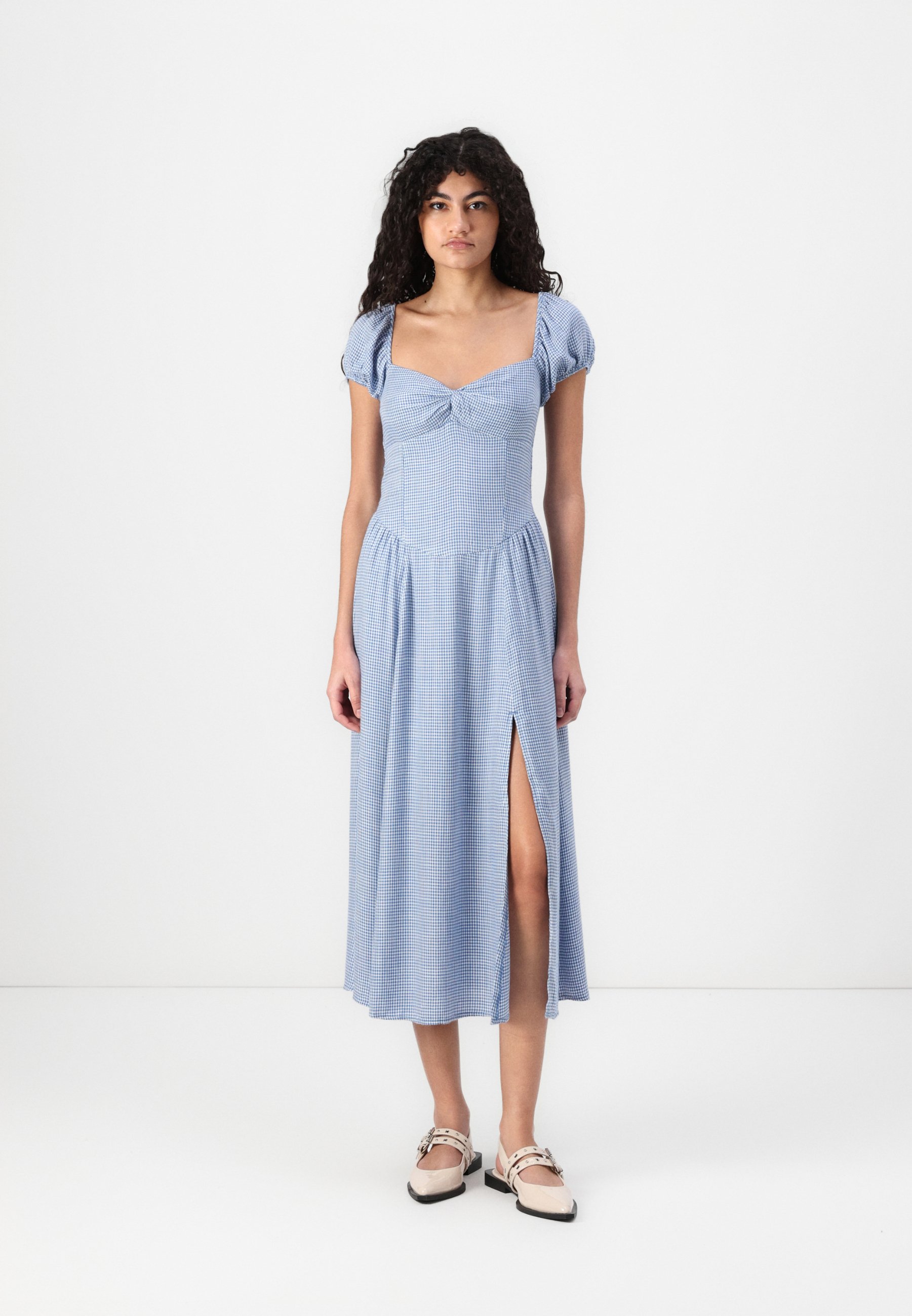 blue gingham off the shoulder dress Blue Floral Print Mock Neck Dress – Peacocks & Pearls Lexington main image 0
