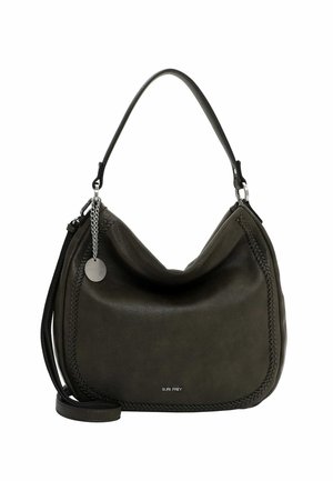 Olivgrüne Leder-Schultertasche mit geflochtenen Akzenten, geschwungenem Design, einem einzigen Henkel und abnehmbarem Kettendetail. Logo auf der Vorderseite.